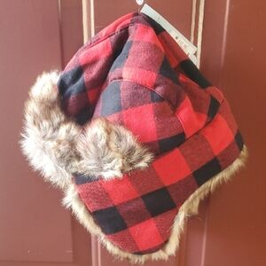 Cat & Jack Red and Black Plaid Hat with Faux Fur